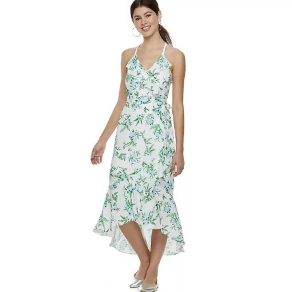 Disney Princess Faux Wrap Ruffle Dress Women's Sz M Hi Low Hem Racer Back Zipper